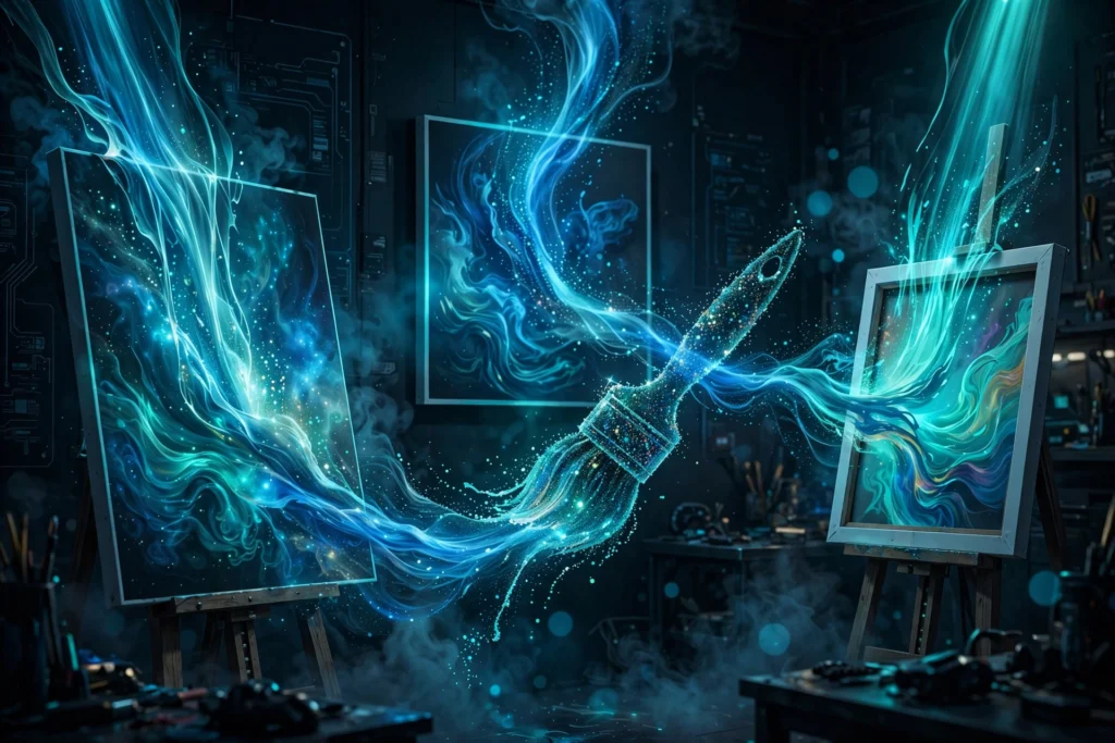 An AI creative studio generating glowing ad campaign visuals
