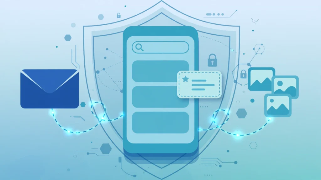 Smartphone with an AI search interface connected to an email inbox and photo library, with a separate sponsored card and a privacy shield
