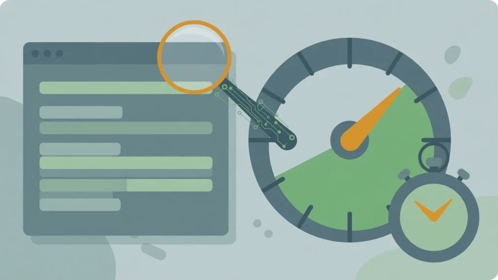 Webpage beside a speedometer gauge with its needle in the green zone, a stopwatch, and an AI magnifying glass scanning the page