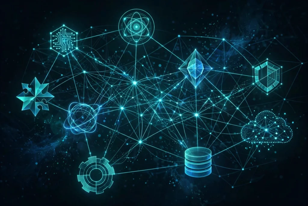 Entity SEO: The Foundation of AI Search Visibility A glowing knowledge graph showing connected brand and topic entities