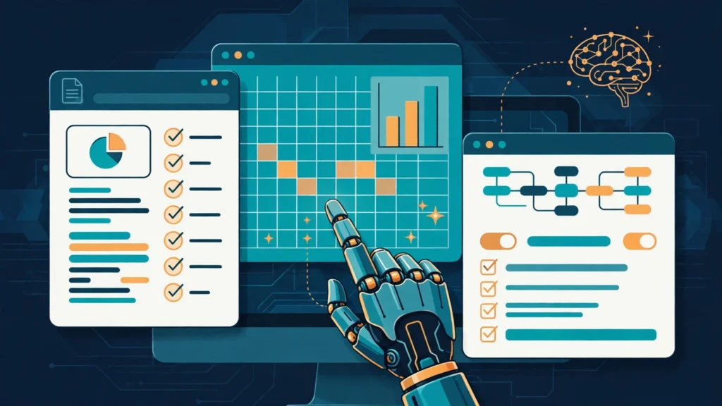 AI agent concept working across open application windows on a computer screen
