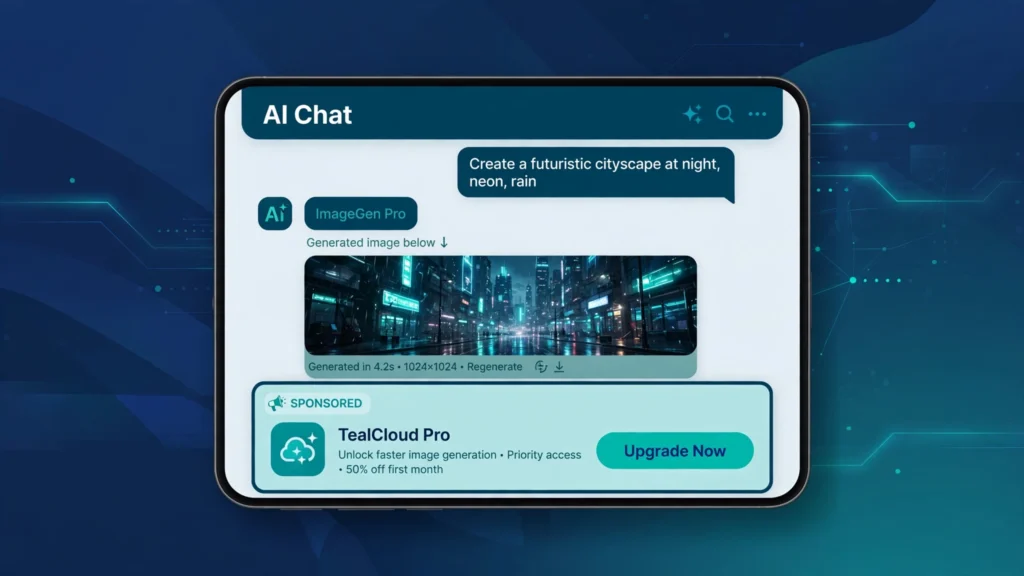 ChatGPT image generation screen with a labeled sponsored visual ad card displayed underneath