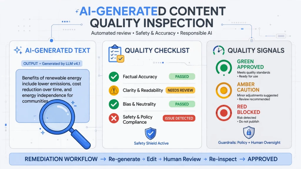 Google spam update review concept showing AI-generated content being checked against a quality checklist