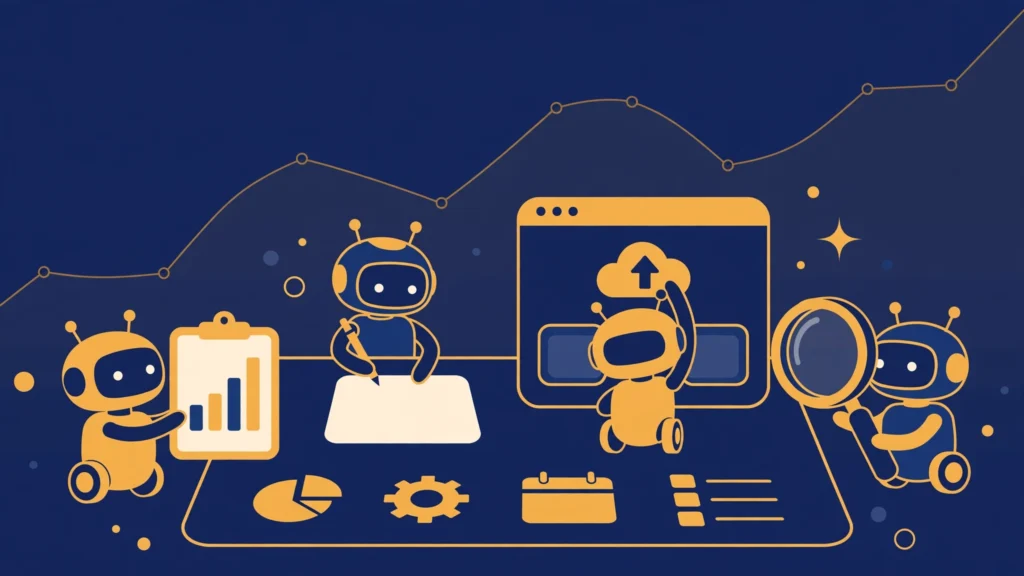 Vannor AI Review AI robot agents researching charts, writing, publishing to a website, and reviewing content around a dashboard with a rising graph